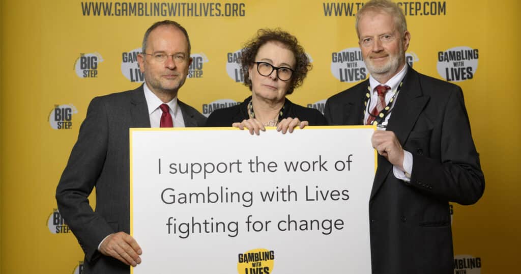 Paul Bloomfield MP, Sheffield, with Liz and Charles Ritchie, showing his support for Gambling with Lives at the Houses of Common